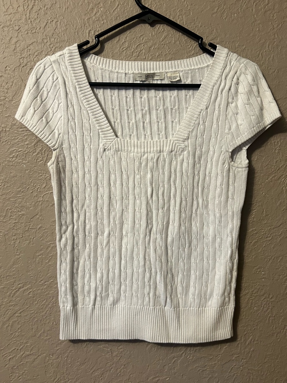 Square Neck Cable Knit Short Sleeve Top in White